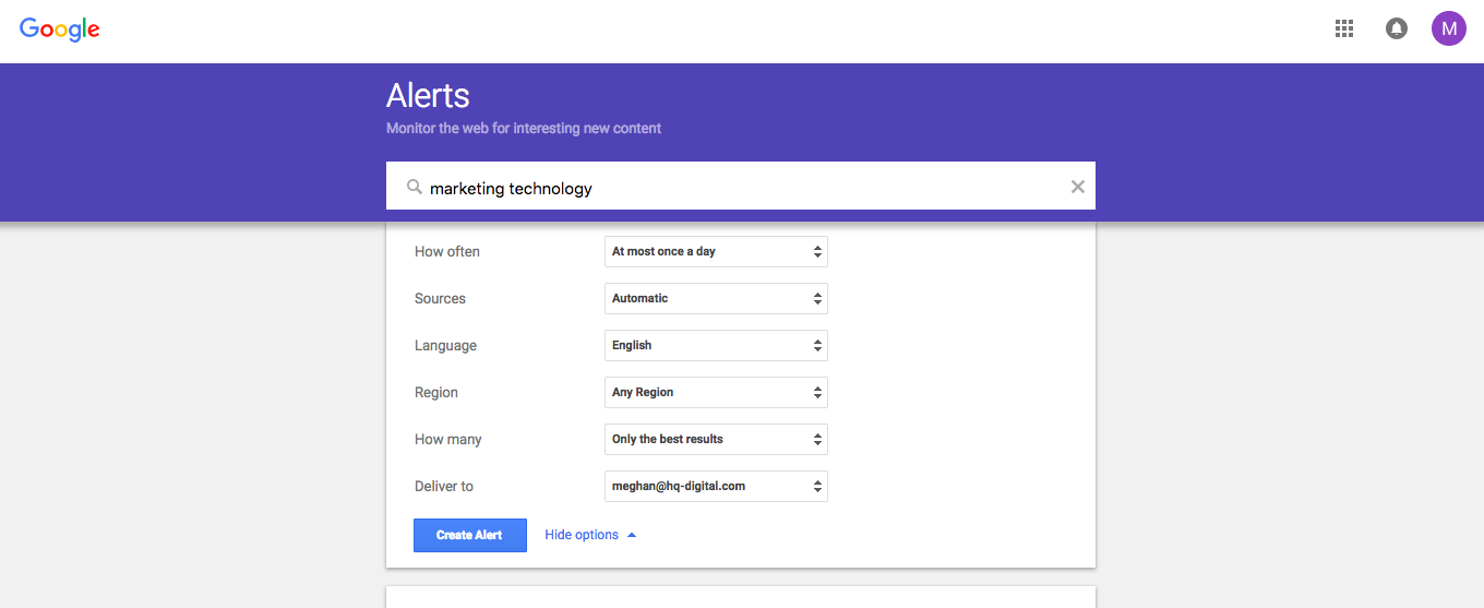 Google alerts for marketing technology delivered to HQdigital