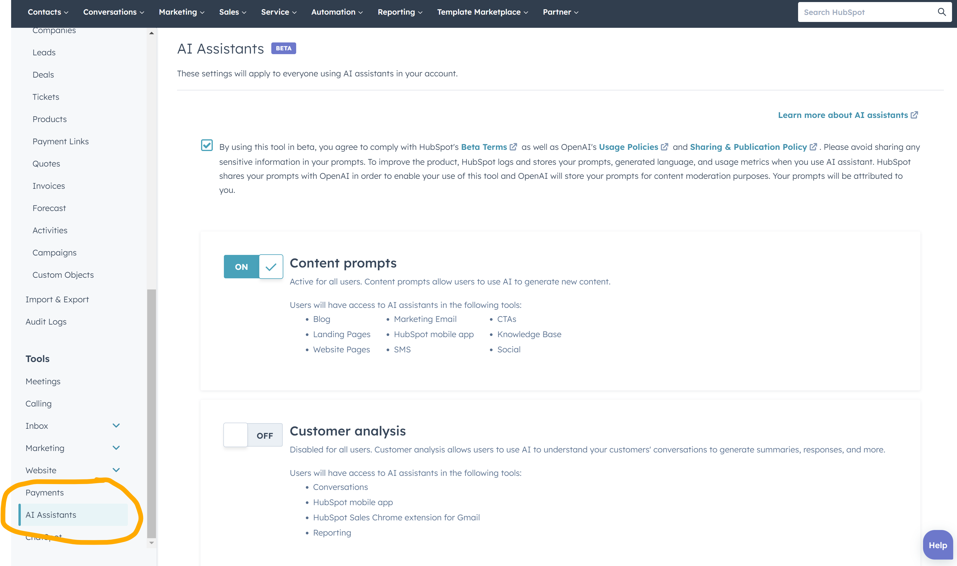 HubSpot AI assistants